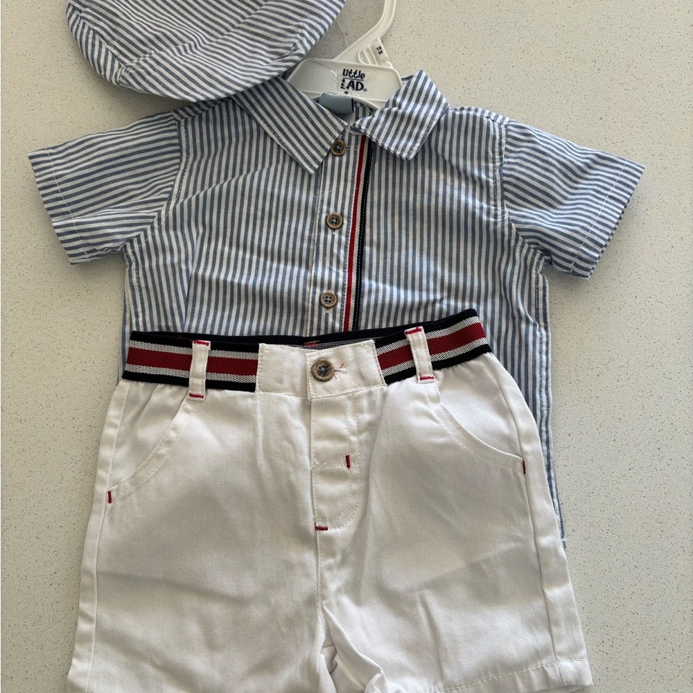 Blue Striped Kids Shirt & White Shorts Set & Hat - Perfect for Easter! Never Wor